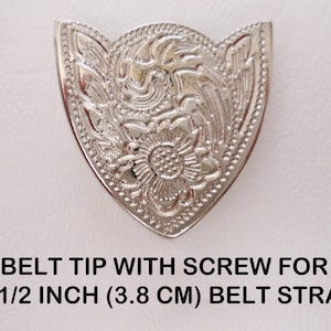 Belt Tip End for 1 1/2 inch 3.8 cm Belt, Nickel Plate Base Metal, Rose and Fern Swirl, Boho Southwestern Country Western Wear, ID 687178860