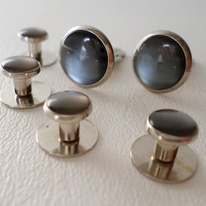 Vintage Cufflinks and Shirt Studs Set, 6 Piece Set, Gray Mother of Pearl, Silver Finish, Gift for Him, Wedding Grooms Wear, ID 1891585477