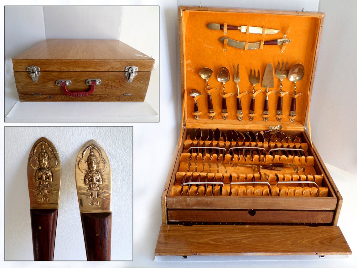 Vintage 144 Piece Flatware Set Siam Brass and Rosewood 12 Etsy