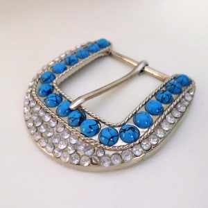 1.5 inch Ranger Belt Buckle, Silver Finish Base Metal, Faux Turquoise and Rhinestones, Extra Large Big Bling, Rectangle Buckle ID 4323134103