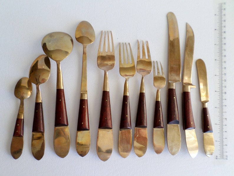 Vintage 144 Piece Flatware Set Siam Brass and Rosewood 12 Etsy