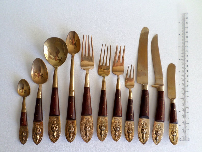 Vintage 144 Piece Flatware Set Siam Brass and Rosewood 12 Etsy
