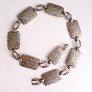 25 inch 63.5 cm Vintage Concho Link Belt, Stamped Nickel Plared Copper, Natural Patina, Boho Southwestern Country Western Wear ID 1863574846