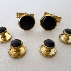 Vintage Cuff Links w Shirt Studs, Black Resin and Brass, Gift for Him, Birthday Anniversary Wedding Grooms Formal Wear, ID 544862710