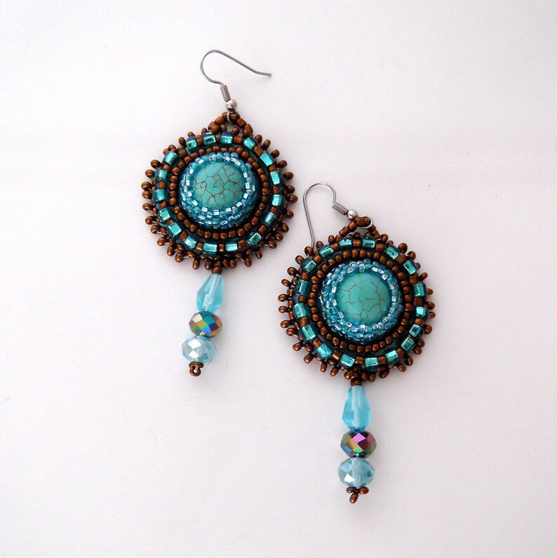 Bead Embroidery Earrings Magnesite With Copper and Turquoise Etsy