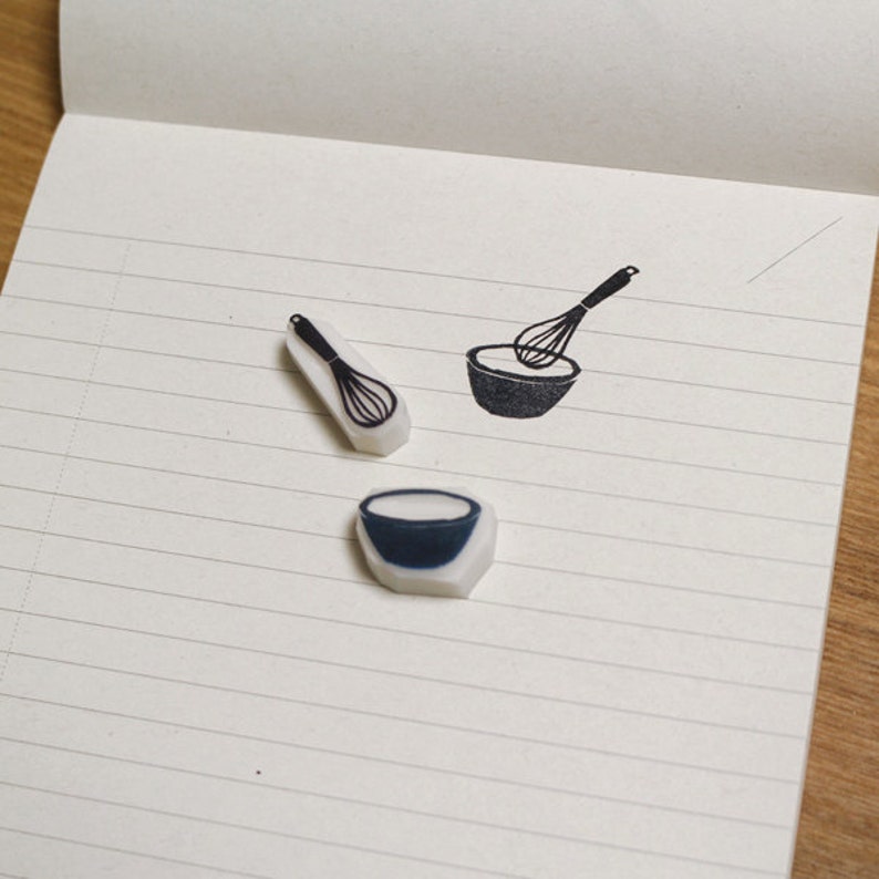 Bowl and whisk handcarved unmounted rubber stamps scrapbooking. Set of two or choose Handmade stamp Cute stamp for gift wrap