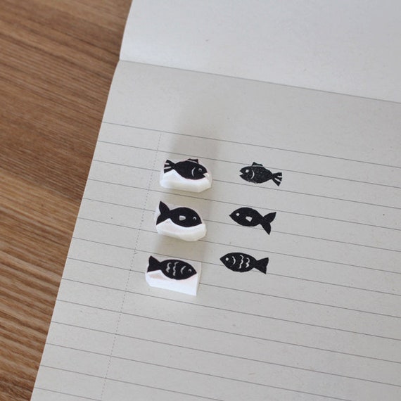 Fish rubber stamp. Rubber stamp set of three. Hand carved Etsy
