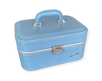 Two Five Train Case Light Blue Faux Crocodile Small Overnight Luggage