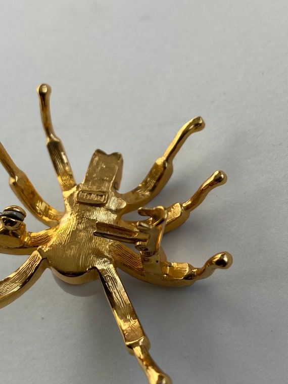 Butler Gold Toned Spider Brooch With Rhinestones and Faux Pearls