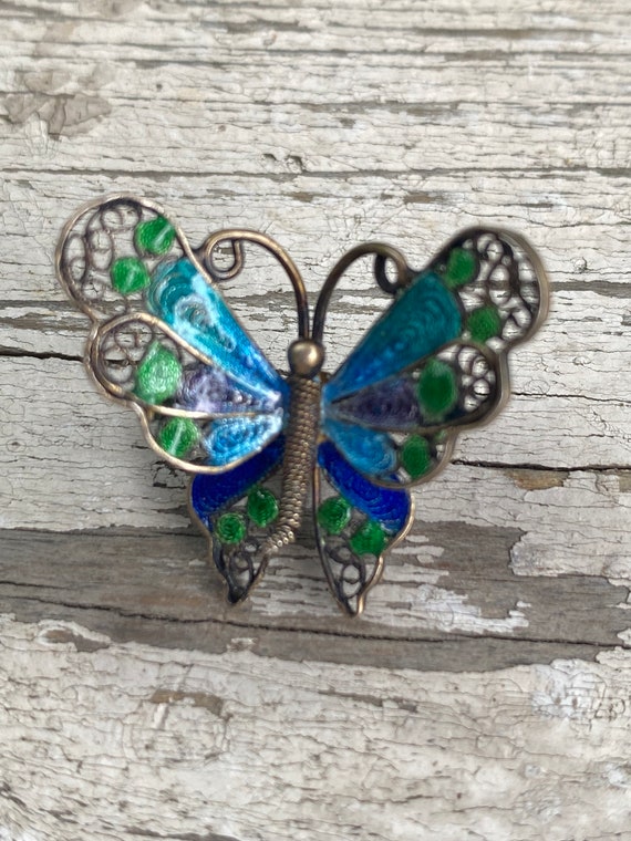 Vintage 800 Silver and Enamel Filigree Butterfly … - image 4