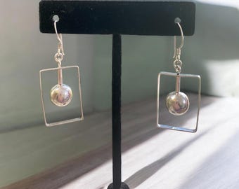 Geometric 925 Rectangular Earrings with Kinetic Circles Signed
