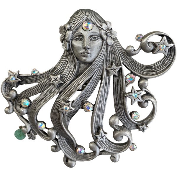 JJ Jonette Art Nouveau Pewter Statement Brooch Woman with Flowing Hair and Aurora Borealis Rhinestones