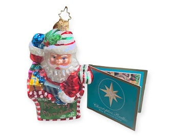 Christopher Radko Santa Claus in Green Merry Christmas Bag Blown Glass Christmas Tree Ornament
