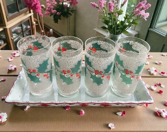 Fred Press Mid-Century Frosted Christmas Holly Set of 4 Glasses