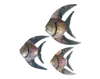 Brutalist Metal Torch Cut Set of 3 Fish Mid Century Wall Decor