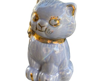 Vintage Ceramic Glazed Light Blue Ceramic Cat Coin Bank Hubley Style