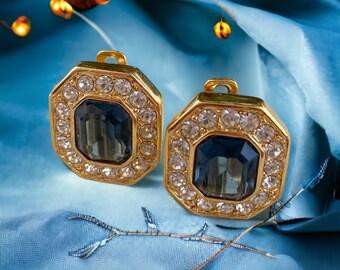 D'Orlan Grey Blue Glass Rectangular Cut Earrings with Clear Rhinestones Costume Jewelry Clip Backs