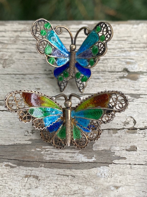 Vintage 800 Silver and Enamel Filigree Butterfly … - image 7