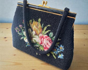 Vintage Hand Beaded Floral  Petit Point Handbag Made in Hong Kong