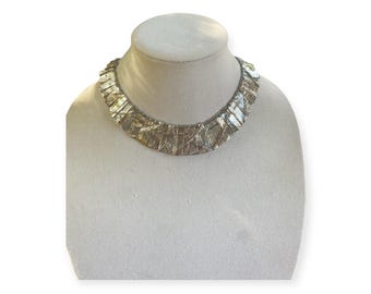 Les Bernard Style Egyptian Revival Cleopatra Inspired Collar Necklace Silver Tone