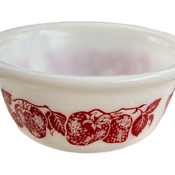 Hazel Atlas Platonite White Nesting Bowl with Red Strawberries Fired on Print, Milk Glass, Mixing Bowls,