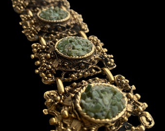 Signed Century Gold Tone and Jade Chip Panel Bracelet