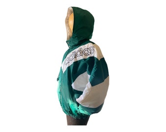 Vintage Adidas Windbreaker with Detachable Hood Green and White Small