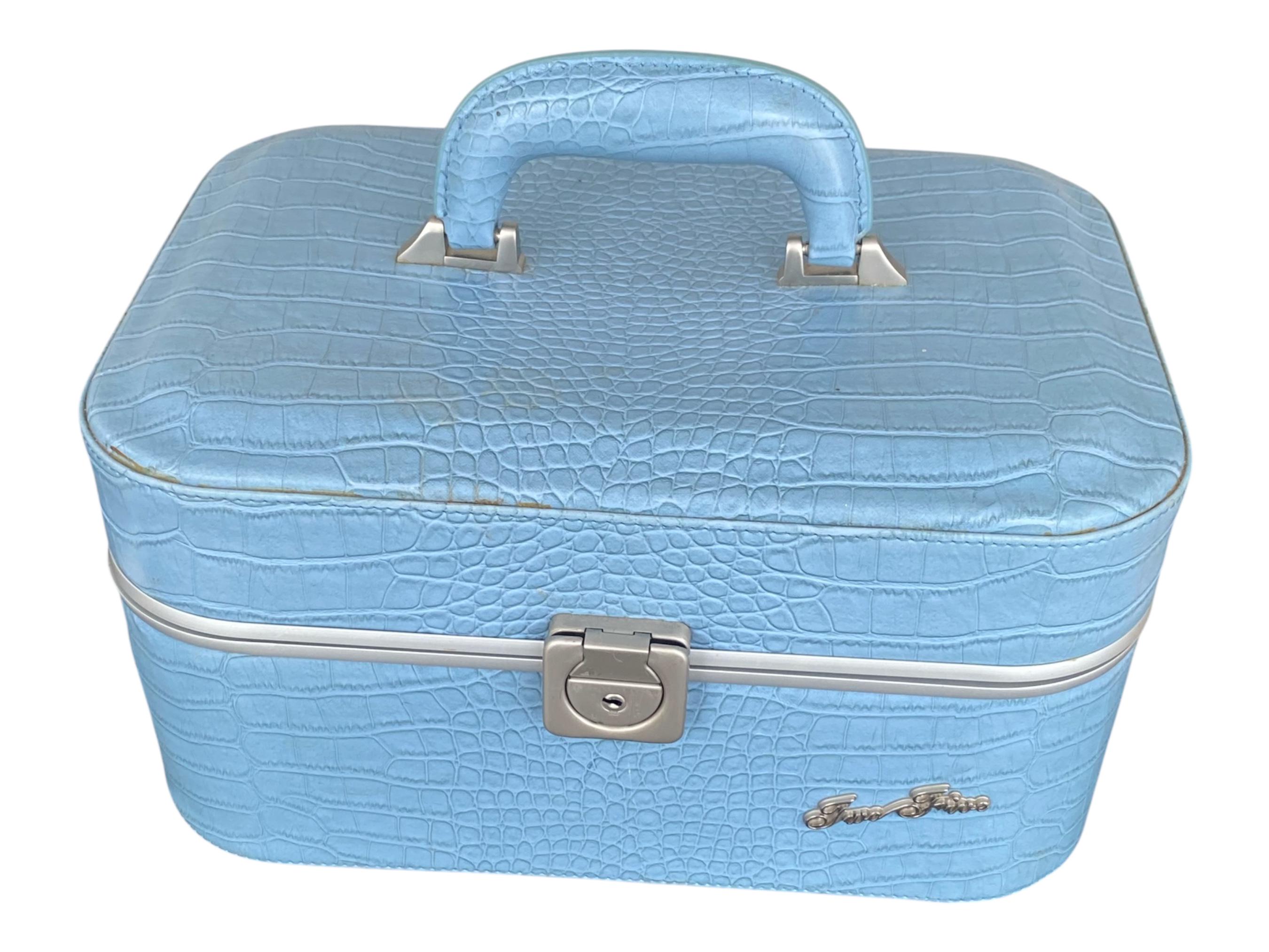 Two Five Train Case Light Blue Faux Crocodile Small Overnight
