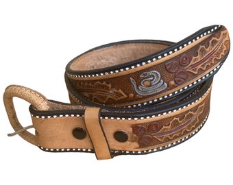 Hand Tooled Leather Belt Made in Mexico, Acorn, Snake, Leaf and Armadillo Relief Pattern Size 32