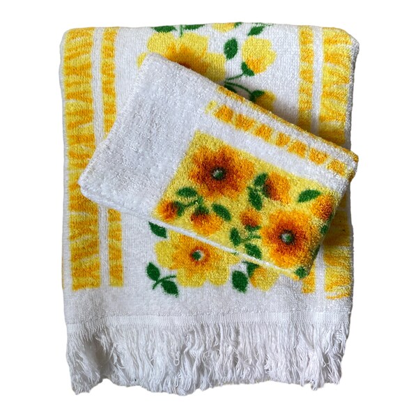 Wabasso Hand Towel and Washcloth Set Yellow and Orange Flowers 100% Cotton