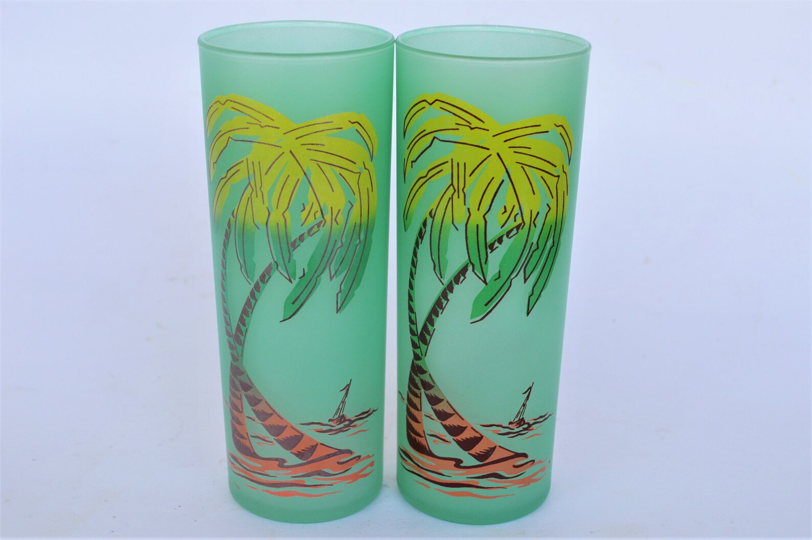Tall Green Frosted Palm Tree and Ships Drinking Glasses Set Etsy