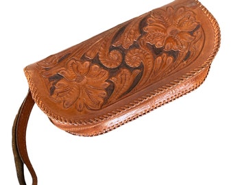 Vintage Genuine Leather Hand Tooled Wristlet Purse Monogrammed HG