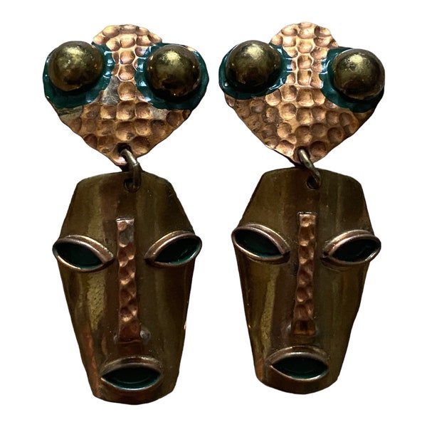 Casa Maya Mexico Mixed Metal Screwback Articulated Face Mask Hammered Copper and Brass Earrings with Hand Paited Green Enamel