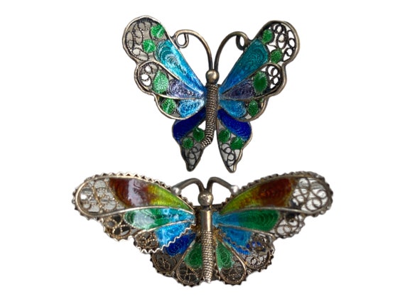 Vintage 800 Silver and Enamel Filigree Butterfly … - image 1