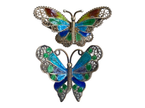 Vintage 800 Silver and Enamel Filigree Butterfly … - image 2