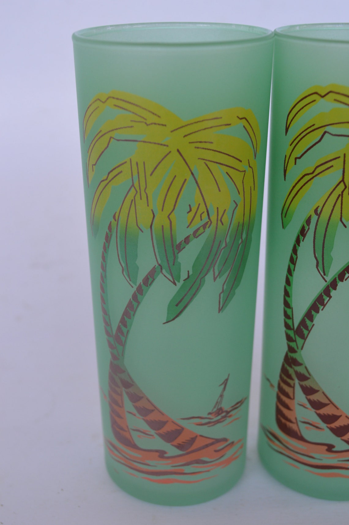 Tall Green Frosted Palm Tree and Ships Drinking Glasses Set Etsy