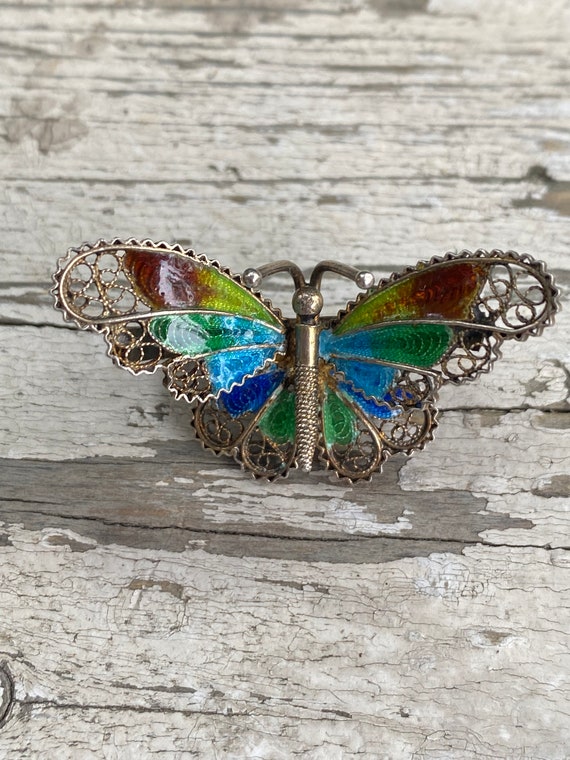 Vintage 800 Silver and Enamel Filigree Butterfly … - image 3
