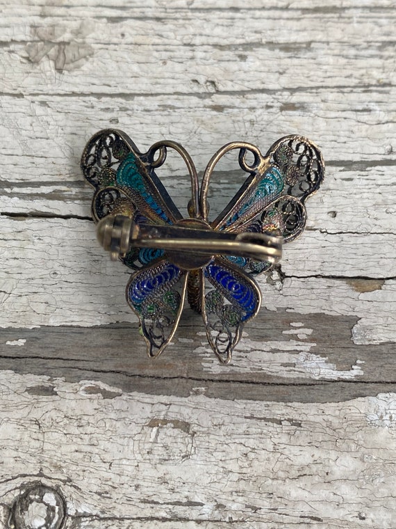 Vintage 800 Silver and Enamel Filigree Butterfly … - image 8