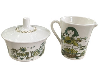 Figgjo Flint Market Creamer and Sugar Set: Norwegian Folk Art Pottery