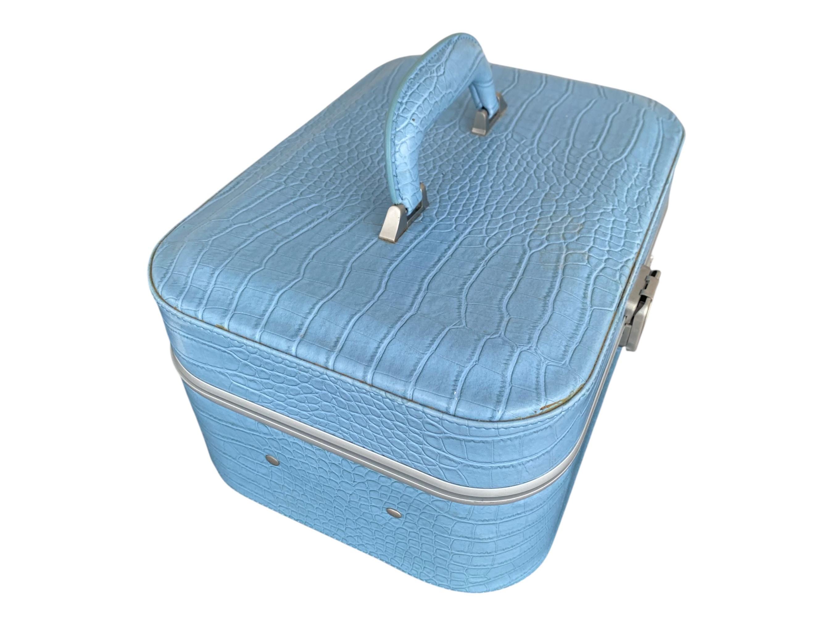 Two Five Train Case Light Blue Faux Crocodile Small Overnight