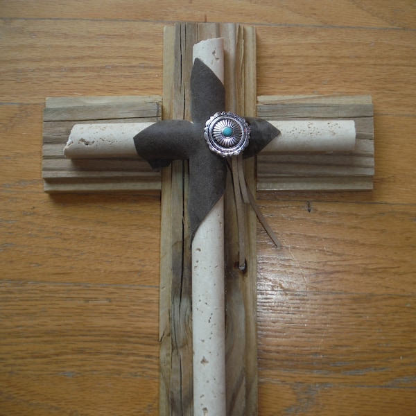 Rustic recycled barn wood and stone cross wrapped in leather