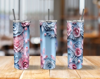 3D Paper Flowers Tumbler Wrap Design Digital Download, Soft Pastel Floral Art Print for Sublimation Projects, Commercial Use