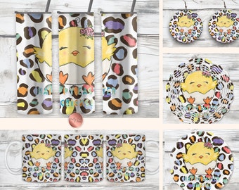 Cute Easter Chick Sublimation Design Bundle for DFY Tumbler, Earrings, Wind Spinner, & Coaster, Key Chain Commercial Use PNG Art for Crafter