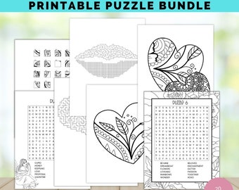Printable Brain Games Bundle of Heart Mazes Word Search Puzzle Activity Sheets Instant Digital Download Coloring Pages