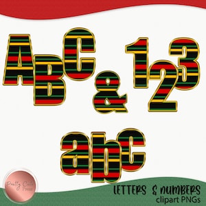 May include: Black, red, yellow, and green striped letters A, B, C, and lowercase a, b, c.  Black, red, yellow, and green striped numbers 1, 2, and 3.  Black, red, yellow, and green striped ampersand symbol.  All letters and numbers have a gold outline.  The text "LETTERS & numbers clipart PNGs" is at the bottom of the image.