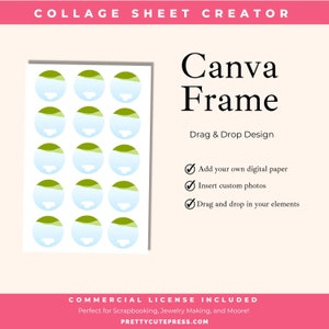 Peut inclure: Un modèle de feuille de collage numérique avec 12 cercles dans un schéma de couleurs bleu clair et vert. Le texte "Canva Frame" est en noir au-dessus des cercles. Le texte "Drag & Drop Design" est sous les cercles. Le texte "Add your own digital paper", "Insert custom photos", et "Drag and drop in your elements" sont listés sous le texte "Drag & Drop Design". Le texte "COMMERCIAL LICENSE INCLUDED" est en bas de l'image. Le texte "Perfect for Scrapbooking, Jewelry Making, and Moore!" est sous le texte "COMMERCIAL LICENSE INCLUDED". Le texte "PRETTYCUTEPRESS.COM" est tout en bas de l'image.