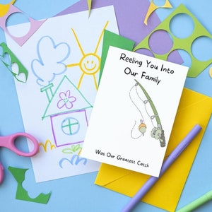 Handgedruckte Kunstkarte für Bonusväter, Adoptierte Väter, Geburtstagsgrüße, Vatertags-Angeln Themed Card ideale druckbare Idee, Kinderhandwerk