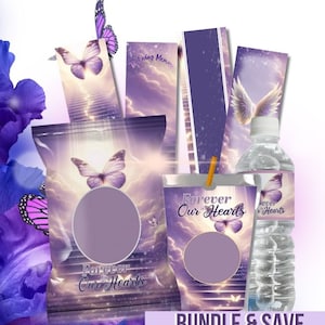 Conjunto de paquete conmemorativo para funerales para imprimir, etiquetas para bebidas, envoltorios para papas fritas y marcadores de libros para celebrar la vida. Personalice los obsequios