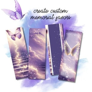 Puede incluir: Cuatro diseños de marcapáginas morados y blancos con un tema celestial. Los diseños presentan mariposas, alas de ángel y una escalera al cielo. El texto "Living Memories" está en uno de los marcapáginas.