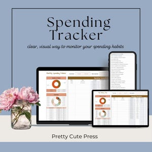 May include: A digital spending tracker displayed on a laptop, tablet, and smartphone. The screens show financial data with charts and tables. The text "Spending Tracker" and "clear, visual way to monitor your spending habits" are visible. A vase of pink flowers is in the foreground.
